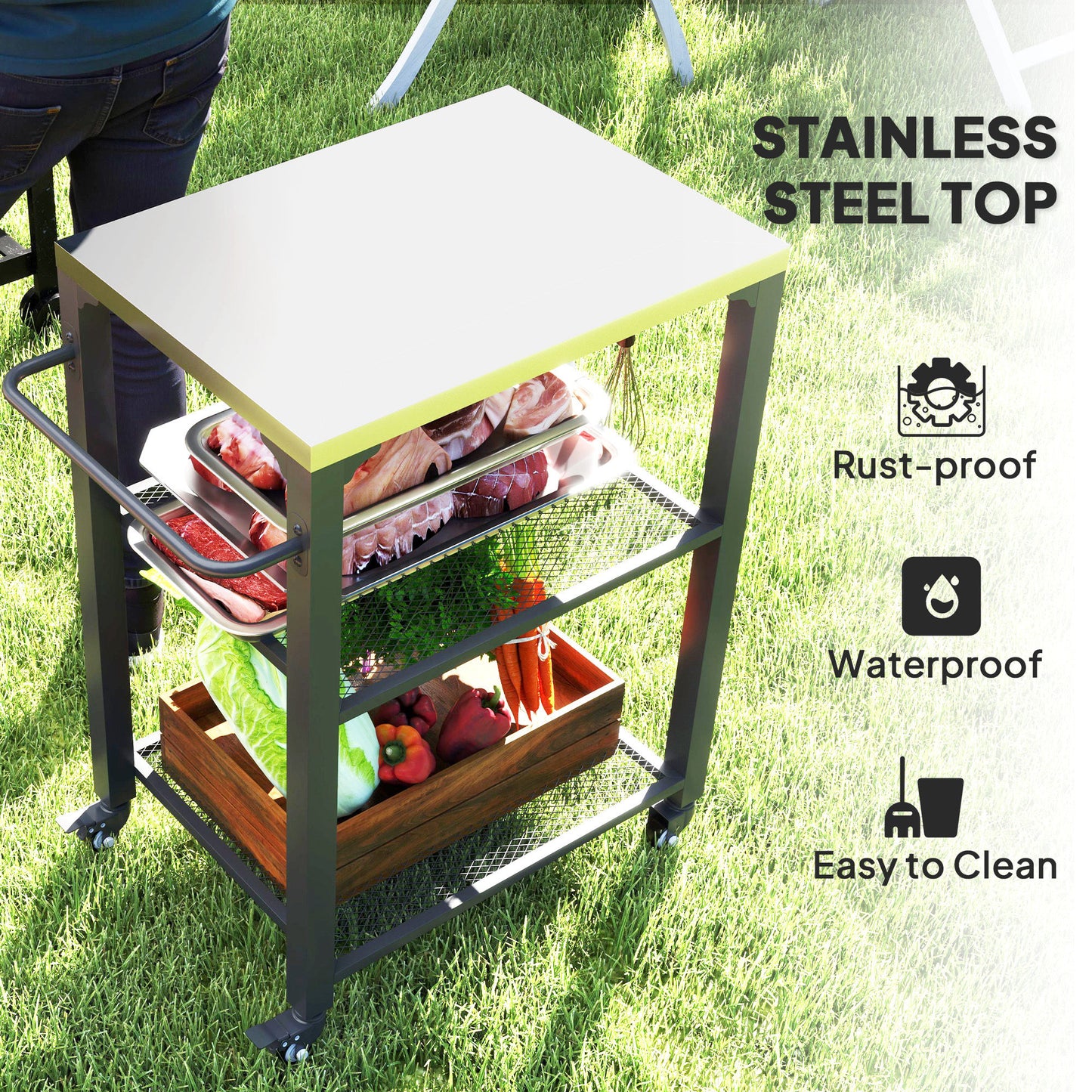 Outsunny Outdoor Grill Cart With Stainless Steel Top Three Shelf Kitchen Island On Wheels 3 Hooks Food Prep Table
