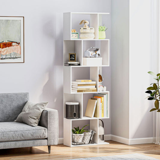 HOMCOM White S Shaped Bookcase Five Tier Freestanding Open Back Wood Display Shelf For Home Office