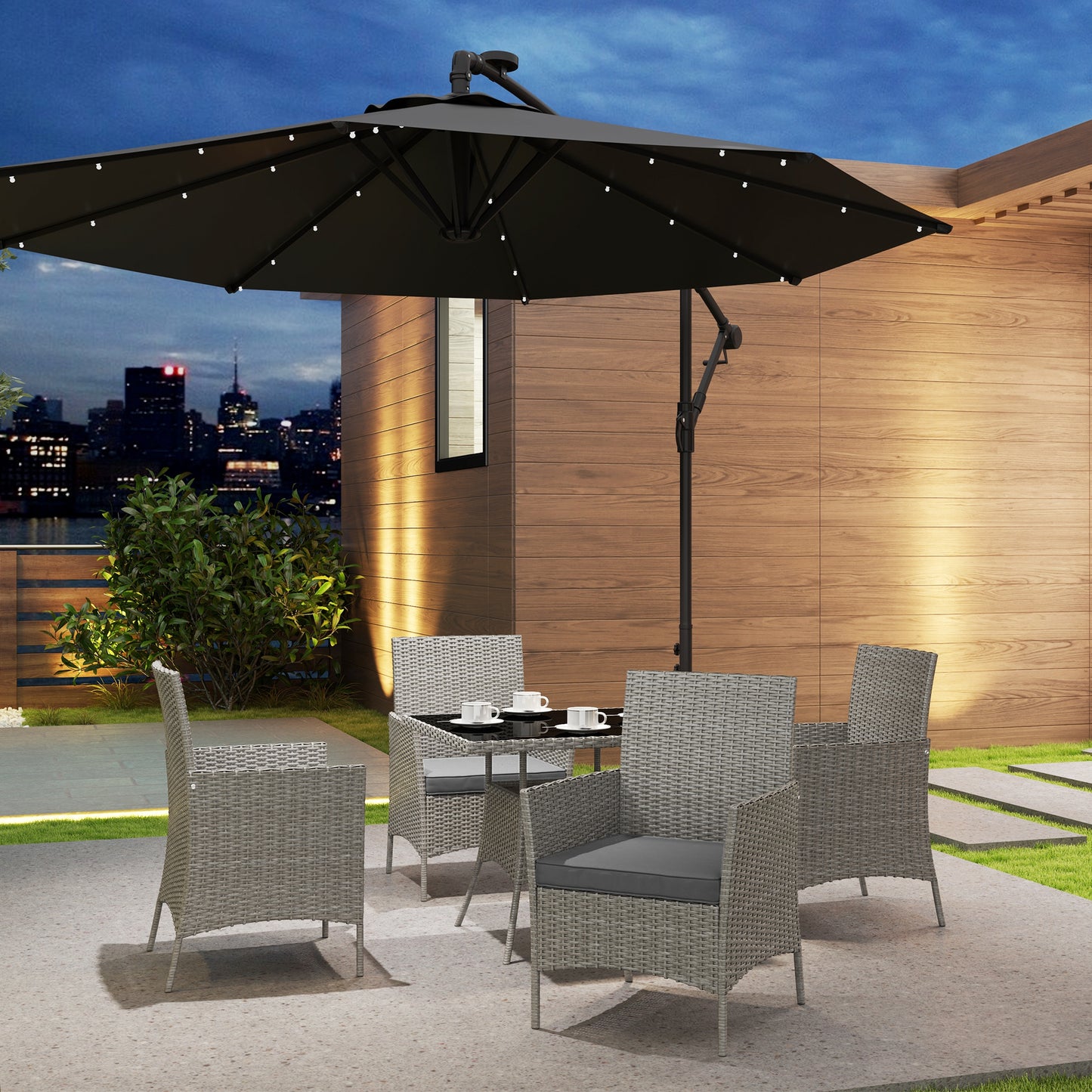 Outsunny Five Piece Rattan Dining Set Light Grey Four Chairs With Glass Table And Cushions