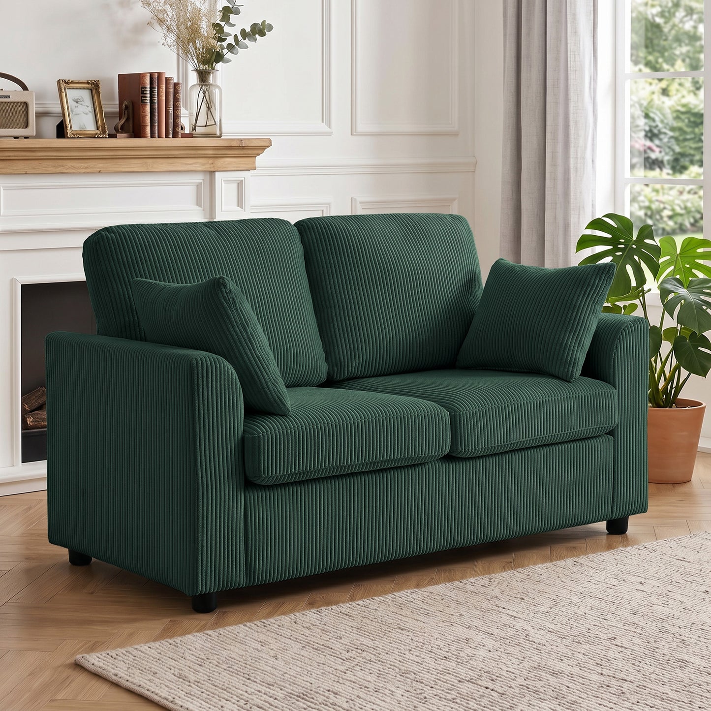 HOMCOM 2 Seater Sofa Corduroy Couch with Pocket Springs Deep Seat Upholstery Dark Green