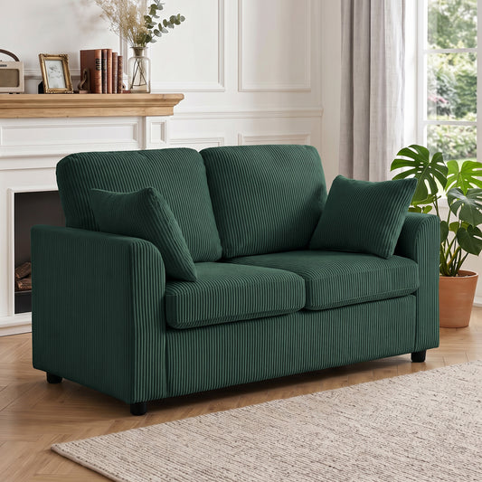 Dark green corduroy 2-seater sofa with wide arms and two seat cushions.