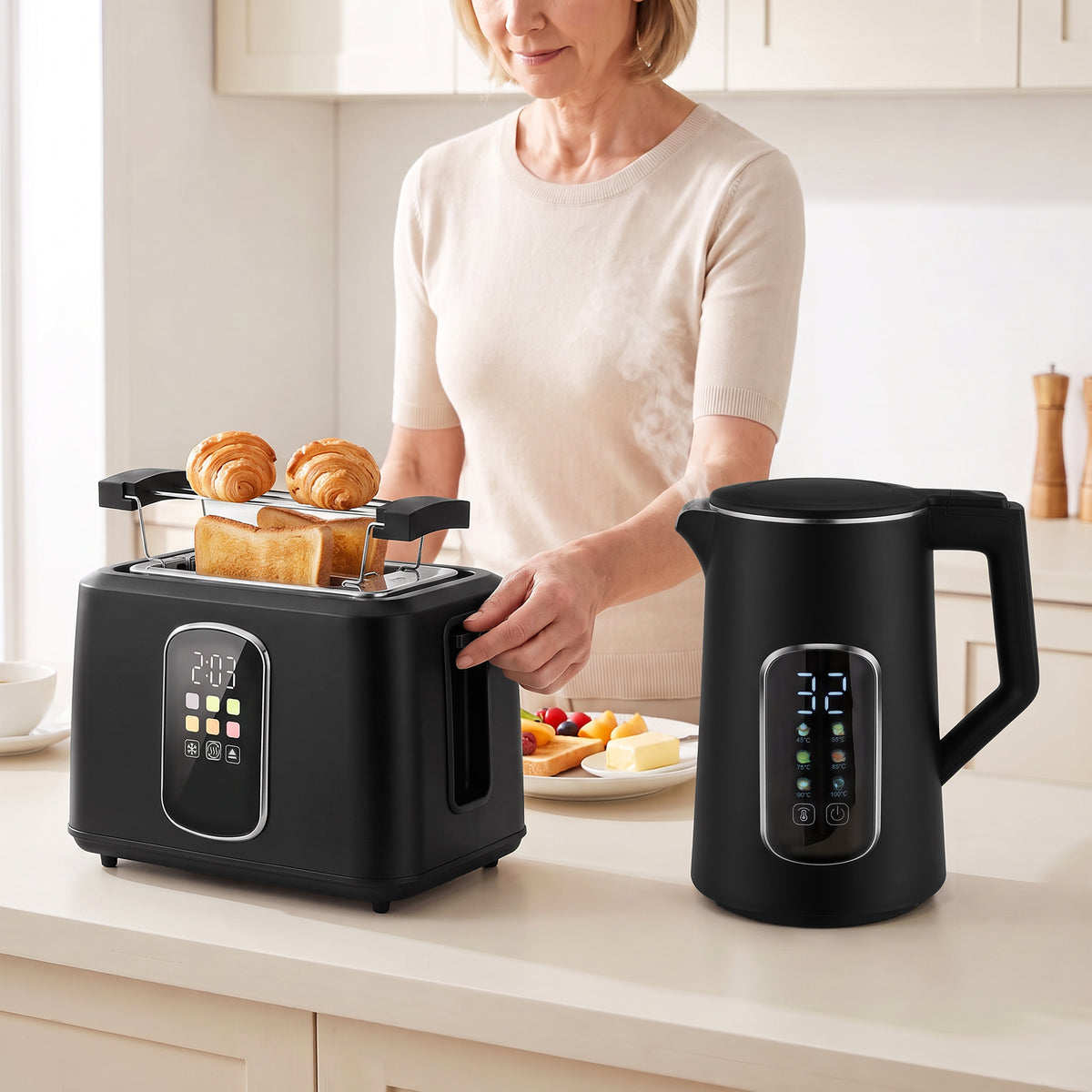 HOMCOM Kettle And Toaster Set With LED Touch Screen, 6 Browning Levels, Black