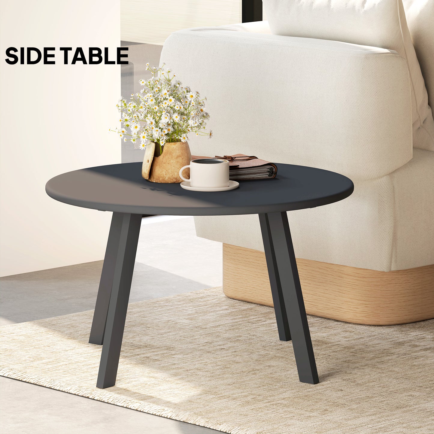 Outsunny 70cm Round Coffee Table Outdoor Garden Patio Black Non Slip Foot Pads Metal Frame