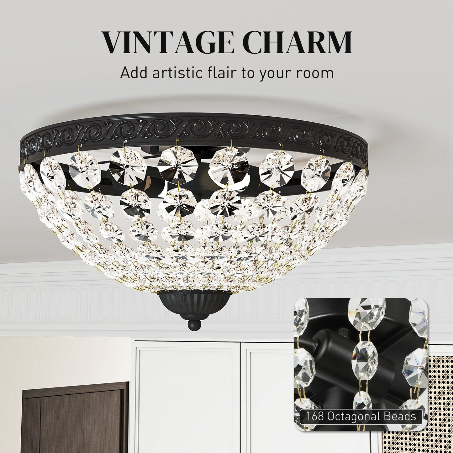 HOMCOM Crystal Chandelier Ceiling Light With 168 Octagonal Beads 2 Light Vintage Flush Mount Black