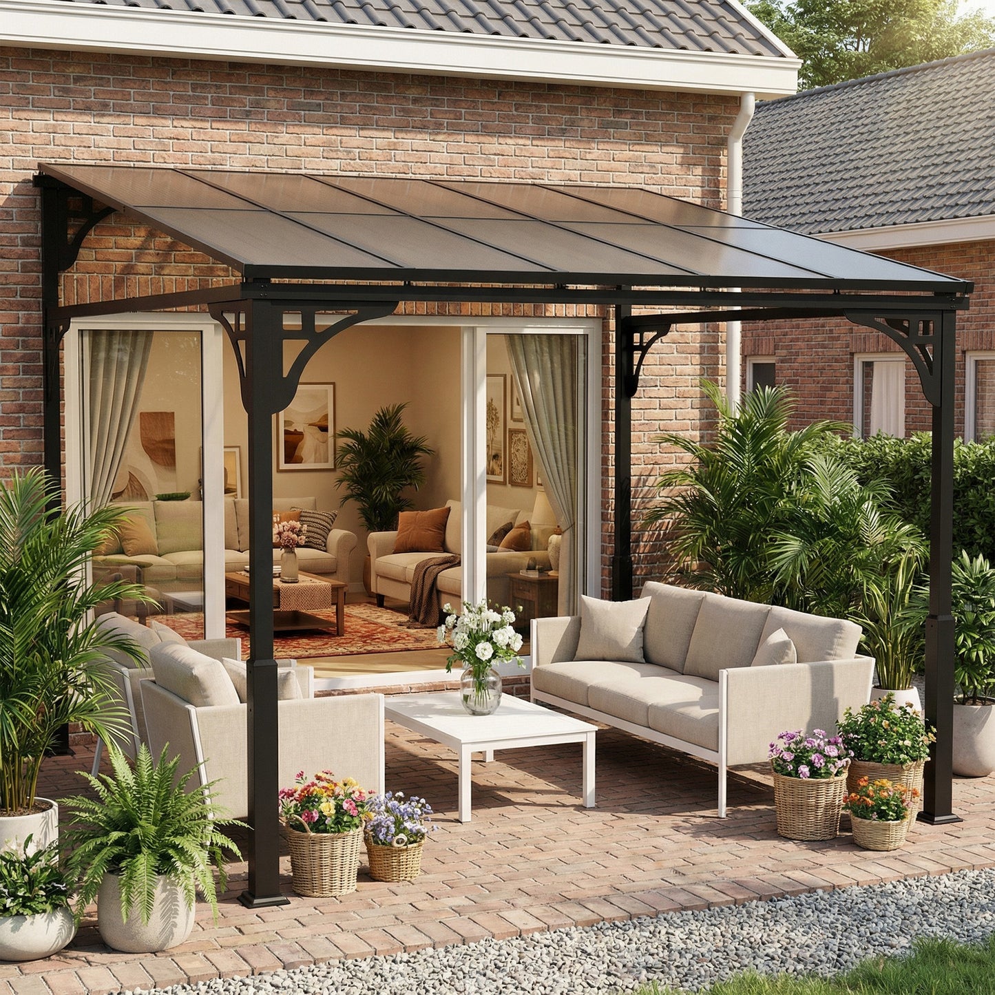 Outsunny 3 x 2.87 m Wall Mounted Lean To Garden Pergola With Polycarbonate Roof And Galvanized Metal Frame