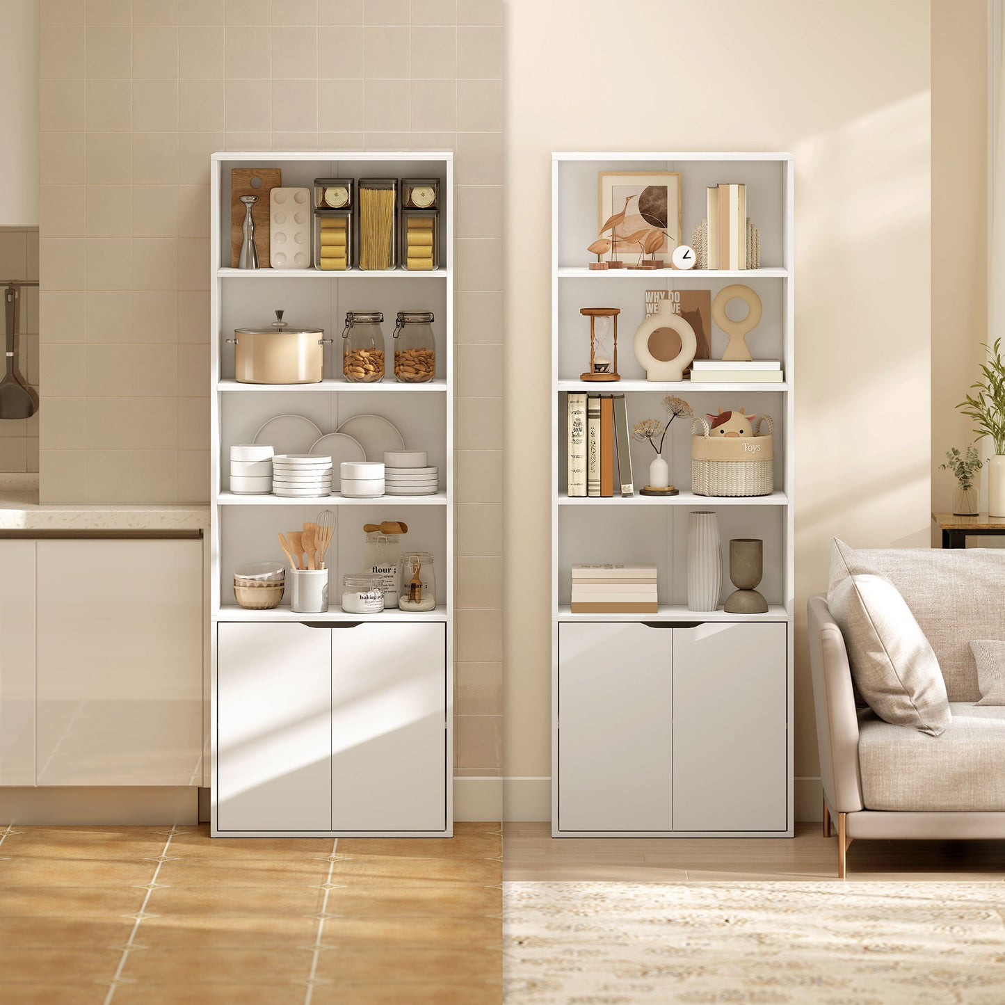 HOMCOM 6 Tier Tall Bookcase With Open Shelves And Double Door Storage Cabinet Freestanding Rack White 59 x 29 x 180 cm