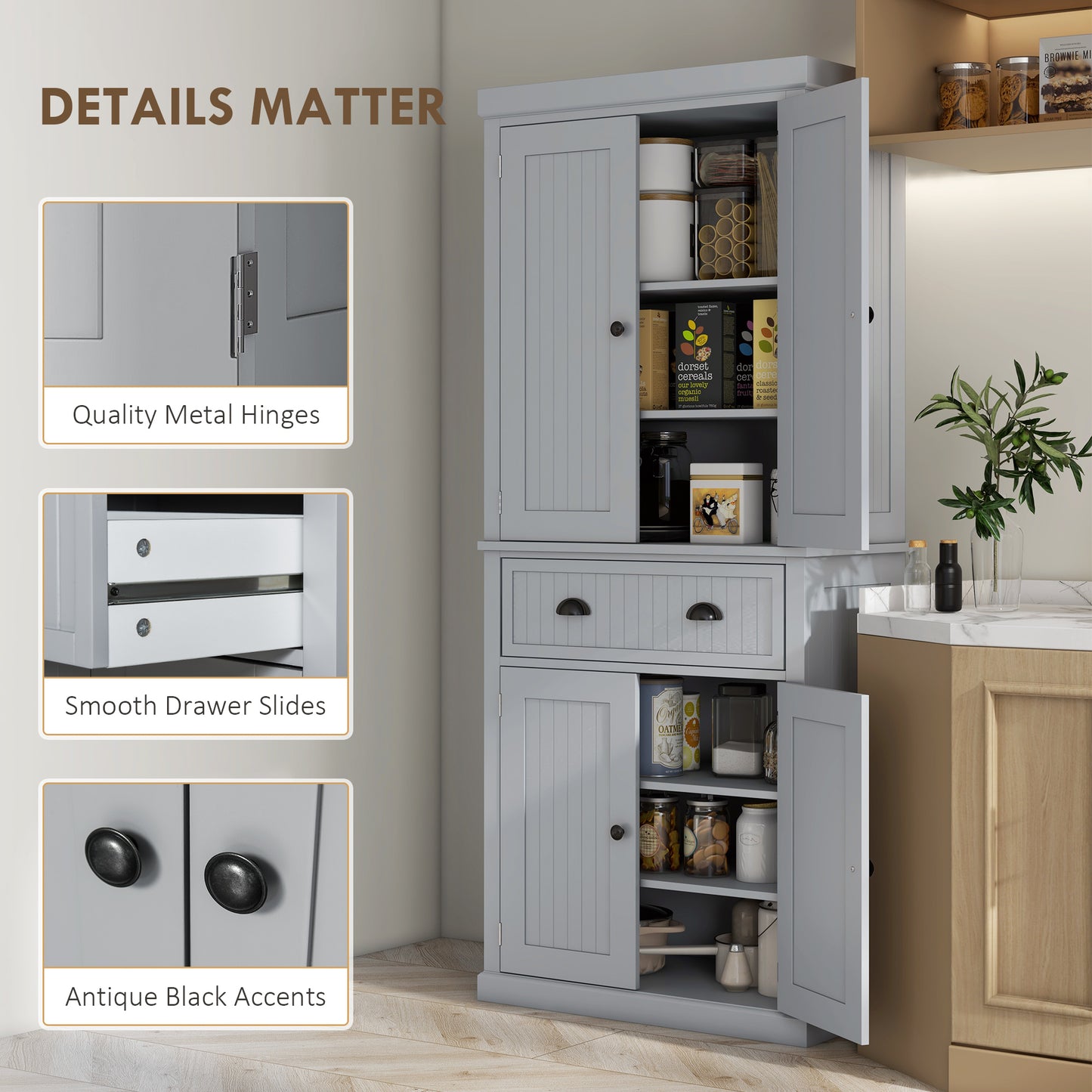 HOMCOM Multi Storage Mid Century Pantry Kitchen Cabinet Grey With 4 Doors And 3 Adjustable Shelves
