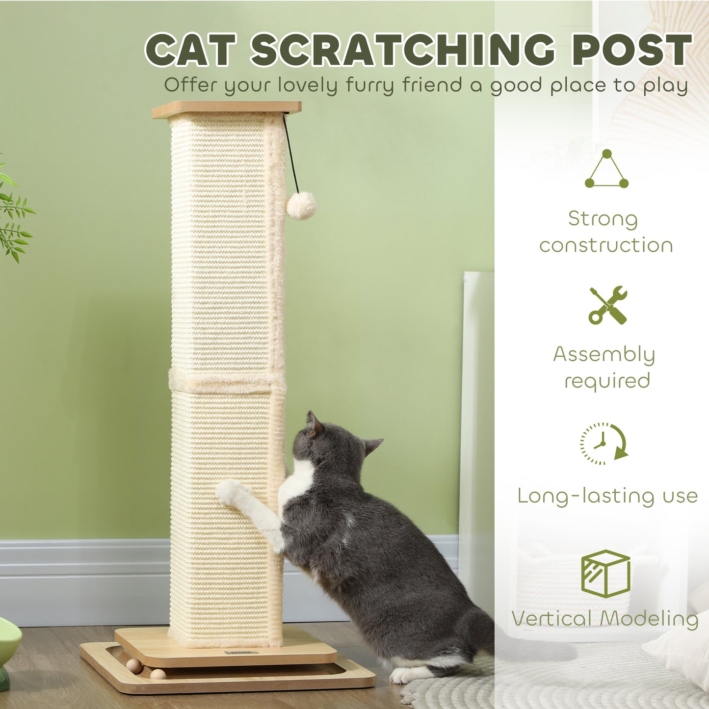 PawHut 3-in-1 Cat Scratching Post with Track Ball Toy - 87cm Oak Design