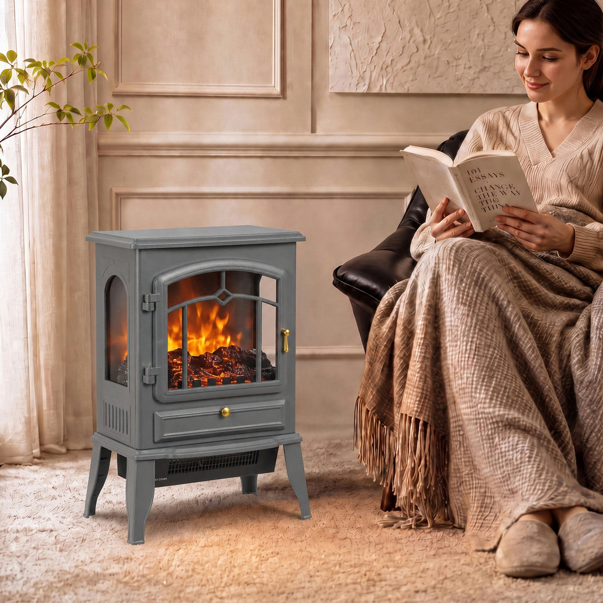 HOMCOM 3 Sided Electric Fireplace Heater with 3D Flame Log and Thermostat Grey