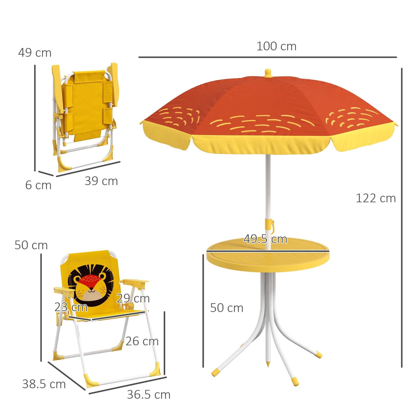 Outsunny Kids Picnic Table and Chair Set Lion Themed Outdoor Garden Furniture w/ Foldable Chairs, Adjustable Parasol - Yellow - ALL4U RETAILER LTD