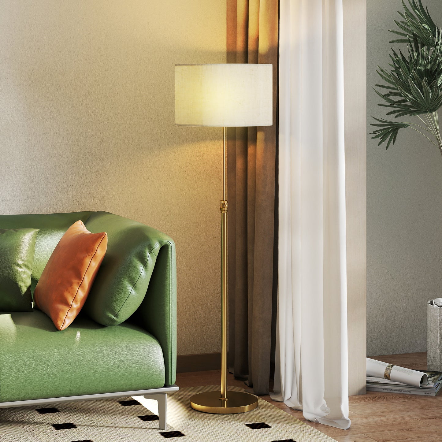 HOMCOM Floor Lamp With Remote And Dimmable Colour Temperature 3000K-6000K, Height Adjustable Linen Shade, Gold Tone