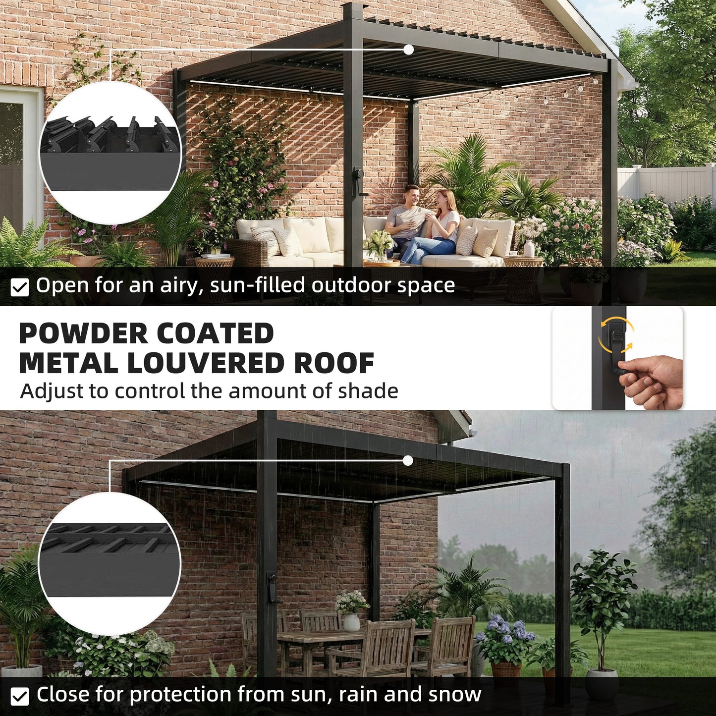 Outsunny 3 x 3 m Louvered Pergola With Solar LED Lights Metal Roof Drainage Gutters Black