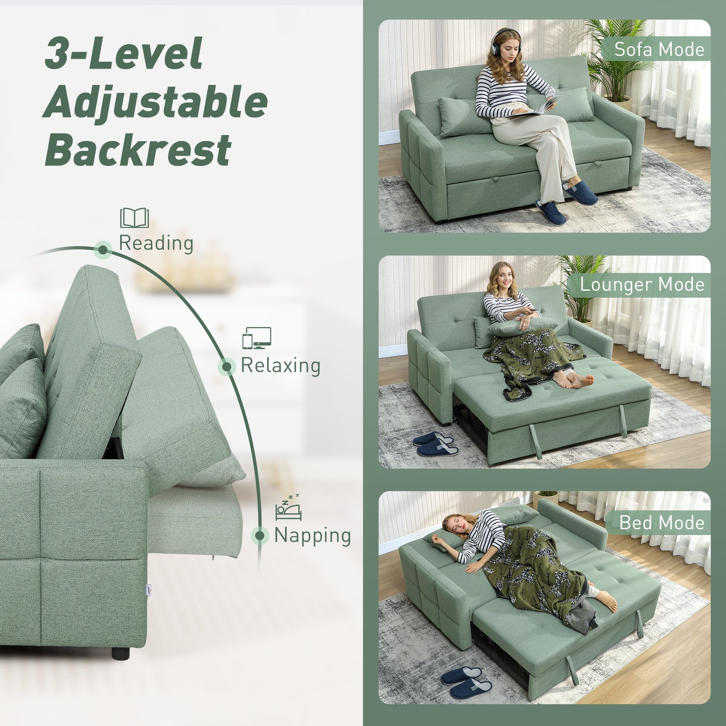 HOMCOM Three Way 2 Seater Sofa Bed With Three Position Back And Two Soft Pillows Green