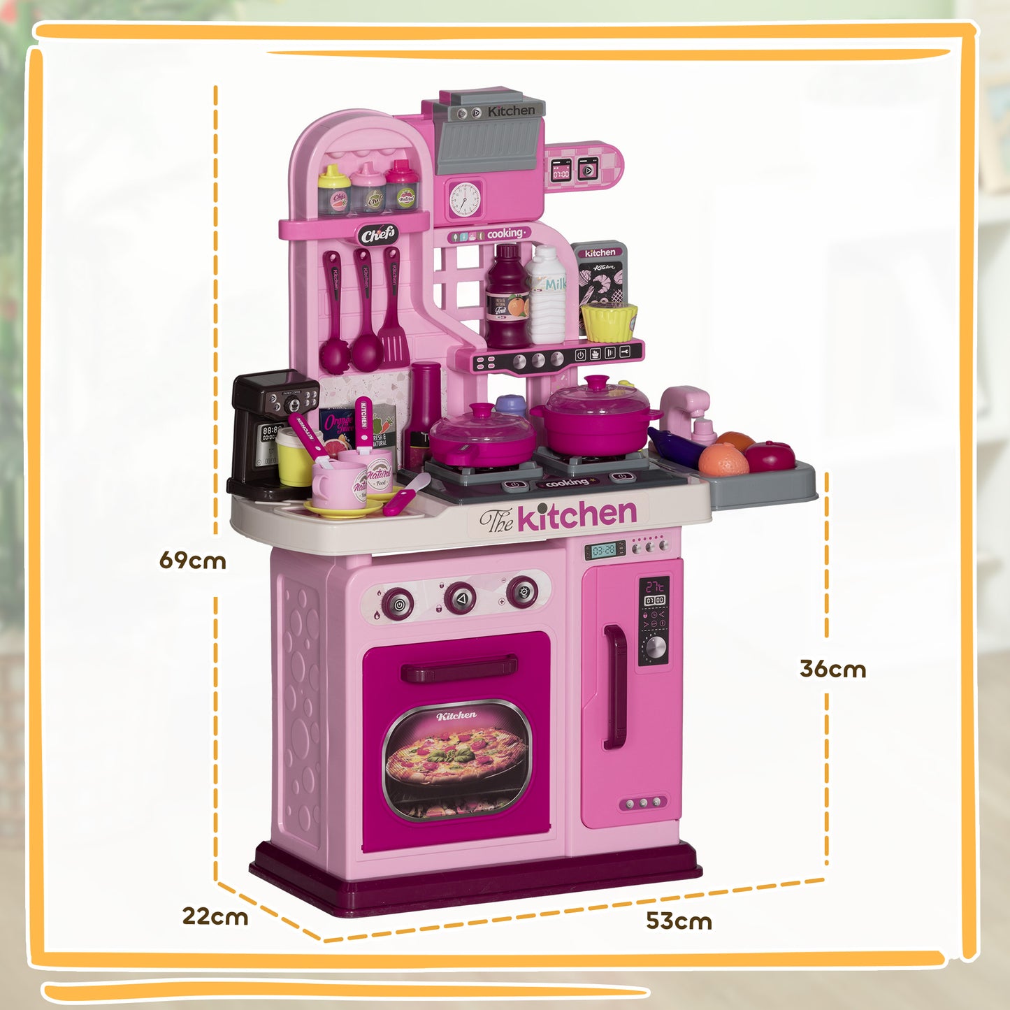 AIYAPLAY 33-Piece Pink Kitchen Playset for Kids with Lights, Sounds, and Storage - Perfect for Ages 3-6