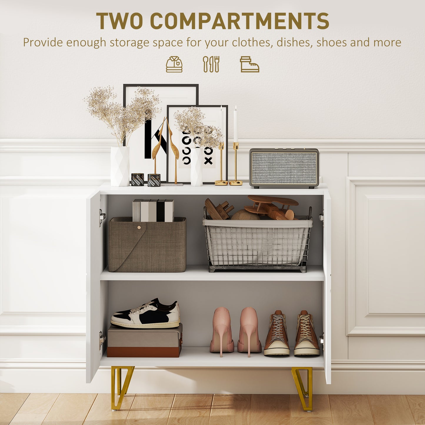 HOMCOM Modern Luxe High Gloss Sideboard White With Hairpin Legs Gold Colored Two Large Storage Compartments