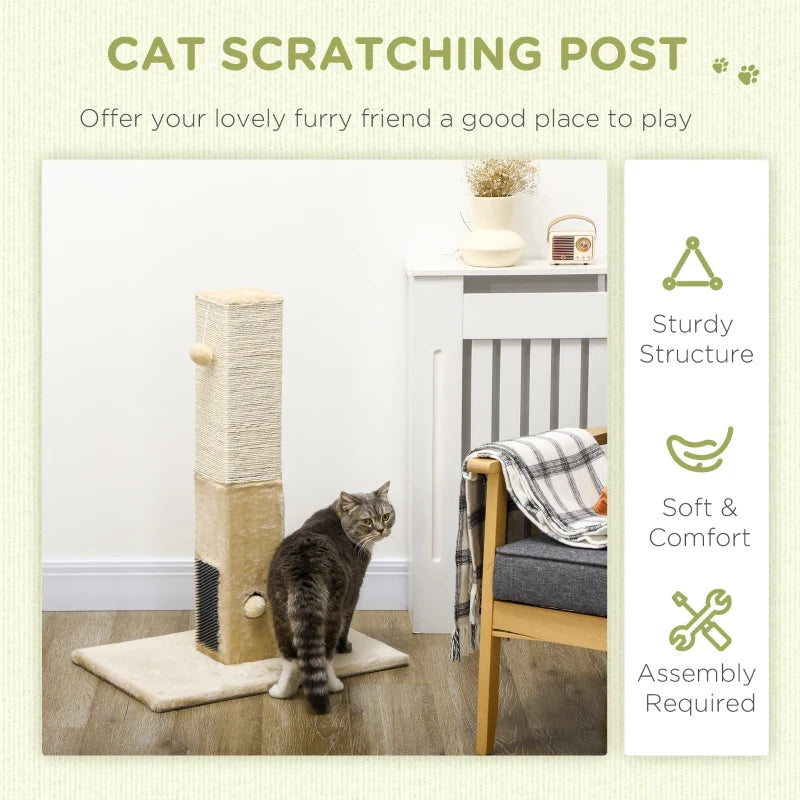 PawHut Jute Cat Scratching Post with Carpet Base and Hanging Toy - Beige - ALL4U RETAILER LTD