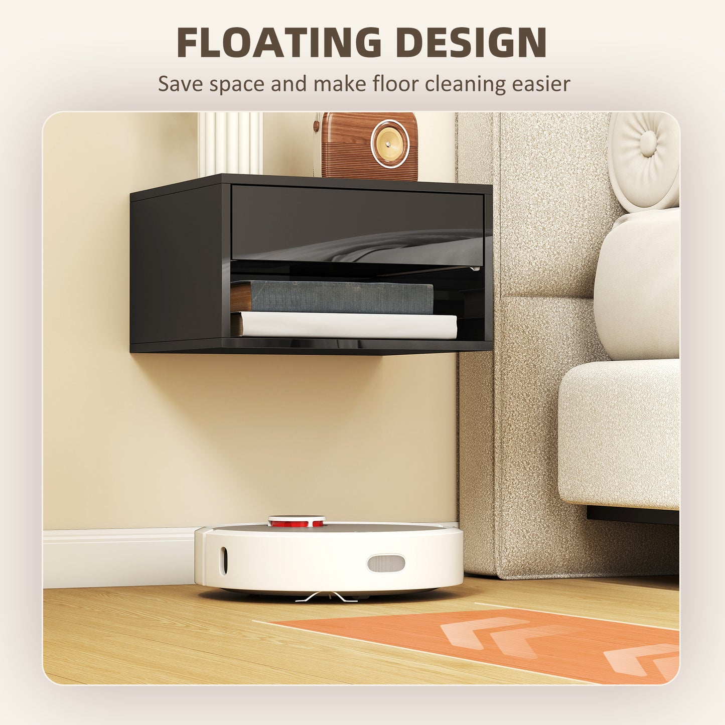 HOMCOM Floating Bedside Tables Set Of 2 Wall Mounted Nightstands With Drawer And Open Shelf High Gloss Black