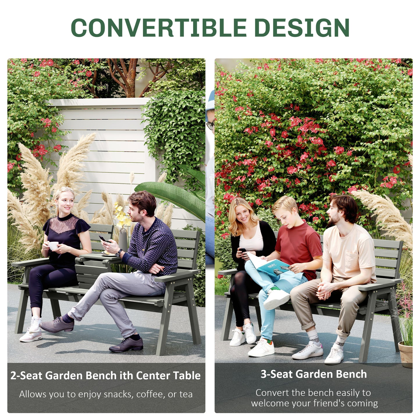 Outsunny Fir Wood Convertible Garden Bench 2 To 3 Seater With Middle Table For Outdoor Patio Grey