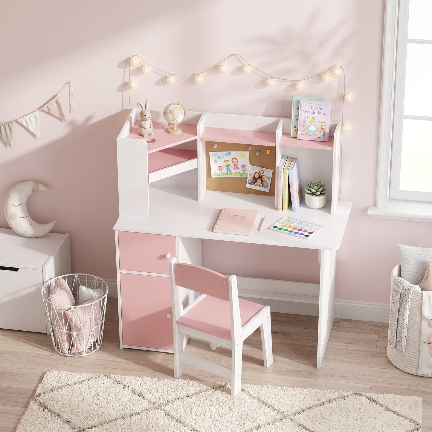 Pink Kids Desk and Chair Set with Adjustable Tablet Stand Storage Shelves