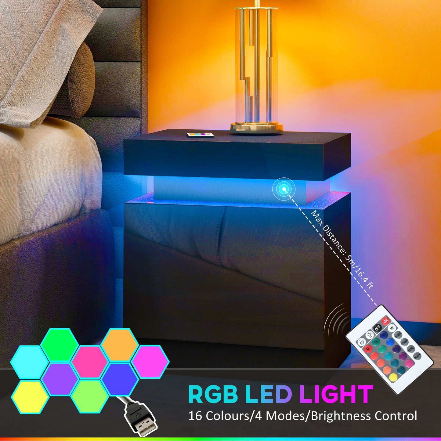 HOMCOM High Gloss Front Bedside Tables Set Of 2 With RGB LED Light And 2 Drawers For Bedroom Living Room Black