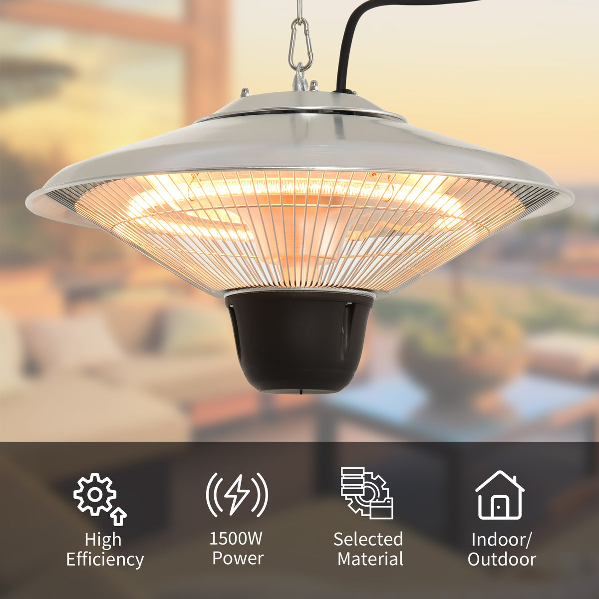 Ceiling-mounted halogen heater with hanging chain and protective metal mesh cover