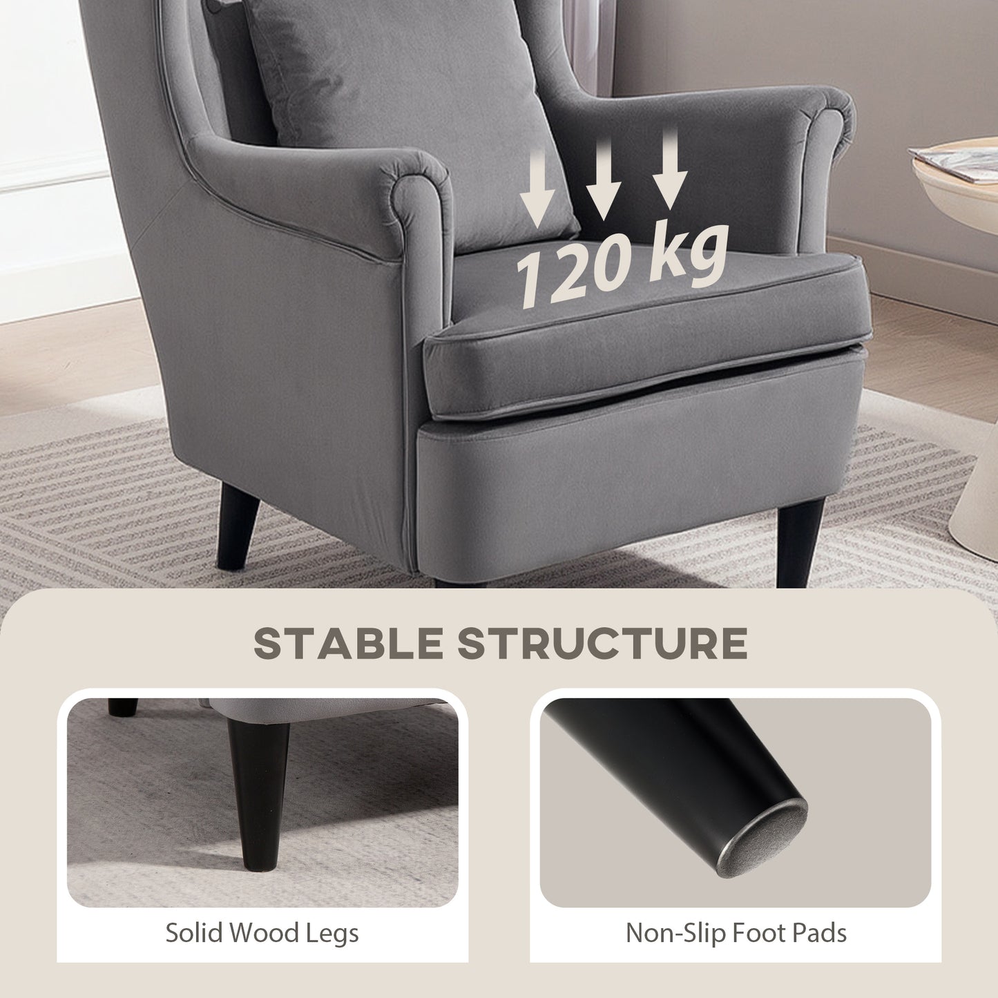 HOMCOM Modern Velvet Wingback Reading Chair With High Backrest And Removable Pillow Cover Solid Wood Legs Dark Grey