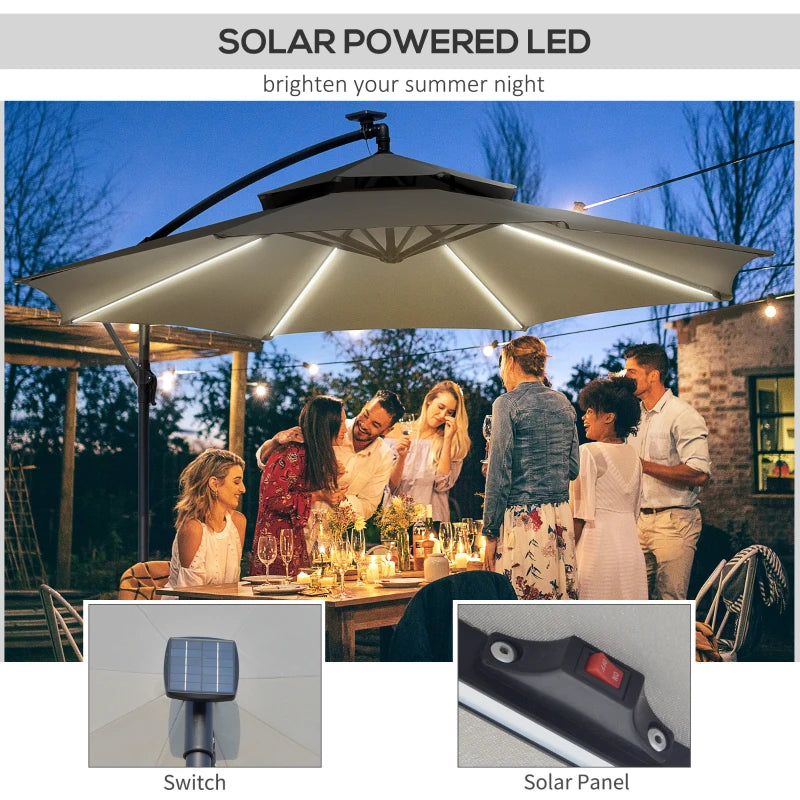 Outsunny 3m Cantilever Banana Parasol with Double Roof, LED Solar Lights, Crank, 8 Sturdy Ribs, Cross Base, for Outdoor Garden Patio, Light Grey - ALL4U RETAILER LTD