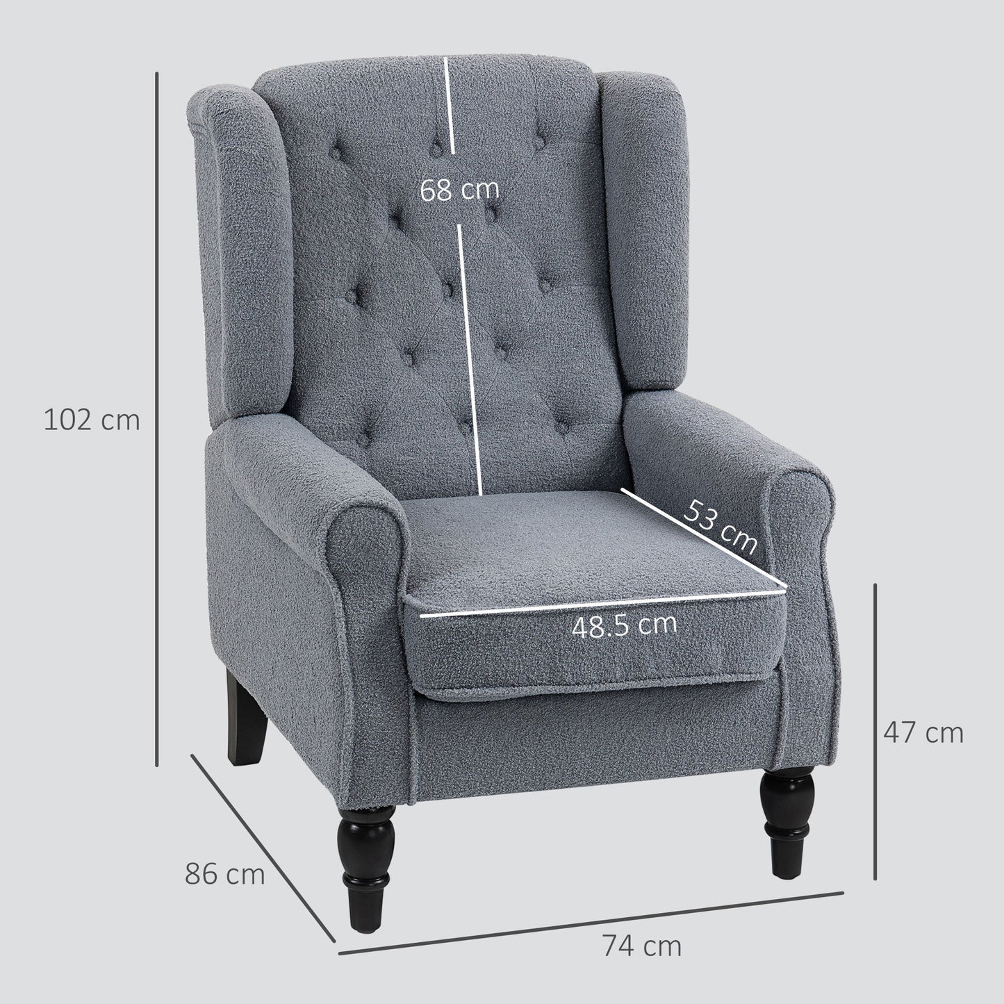 HOMCOM Wingback Accent Chair Retro Upholstered Button Tufted Occasional Chair For Living Room And Bedroom Grey
