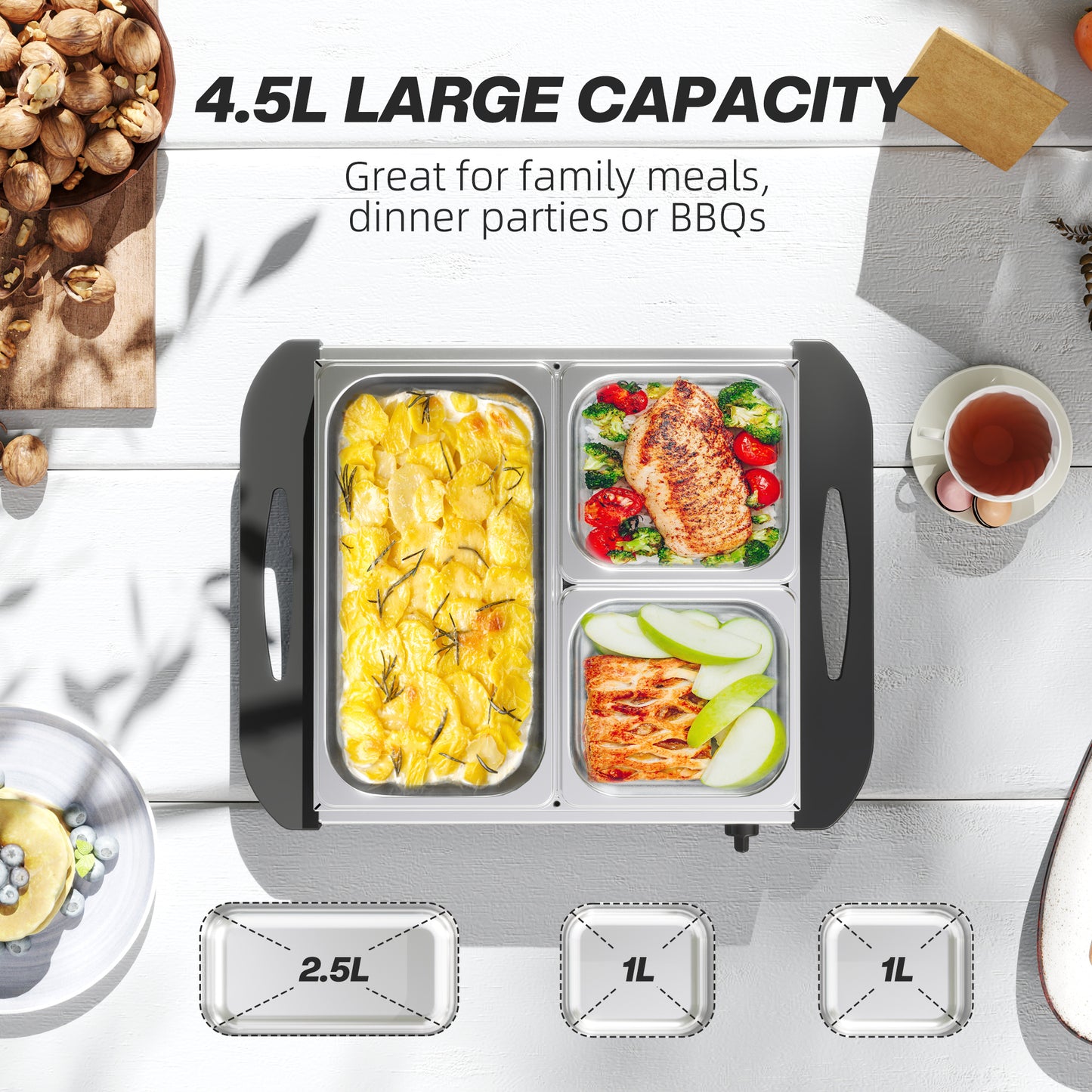 HOMCOM 4.5L Stainless Steel Electric Buffet Server Set of 2 with 3 Trays and Lids Keeps Dishes Warm