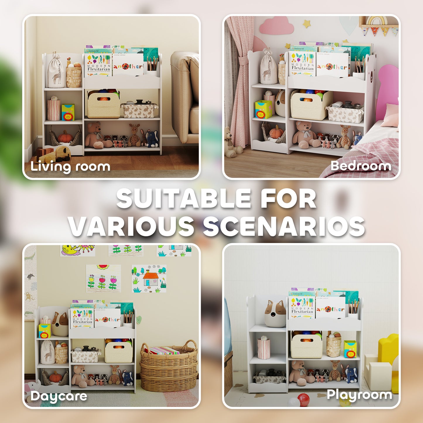 AIYAPLAY Bear Design Kids Toy Storage Unit Bookshelf And Organizer For Bedroom Nursery Playroom White