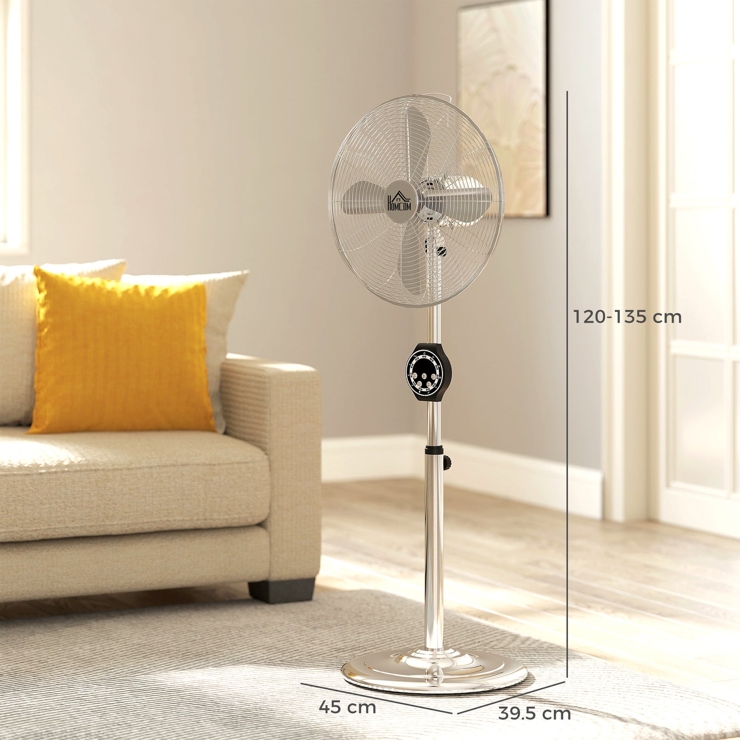 Homcom 16 Inch Metal Pedestal Fan With Auto Oscillation Adjustable Height Copper Motor And Three Speed Settings