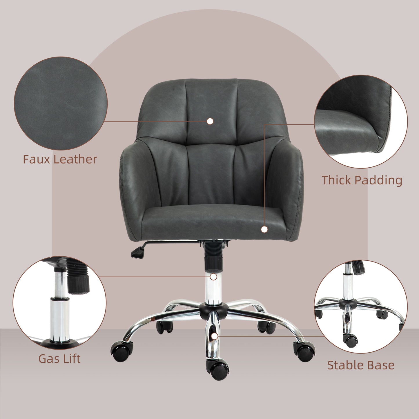 Vinsetto Elegant Grey PU Leather Swivel Office Chair with Adjustable Height and Wheels for Home Study and Makeup Vanity