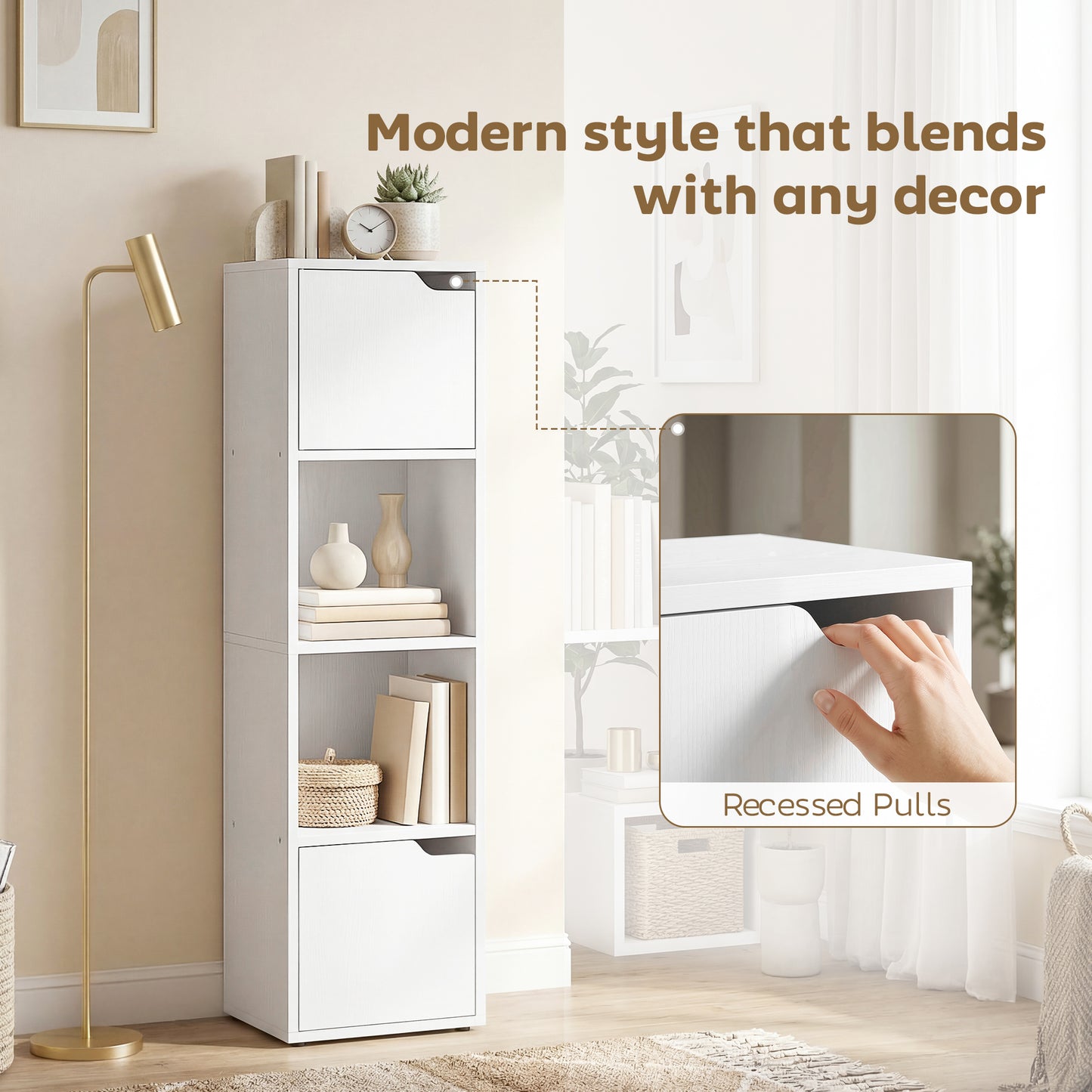 HOMCOM Narrow 4 Tier Bookcase With Doors Storage Cabinet White For Living Room And Bedroom