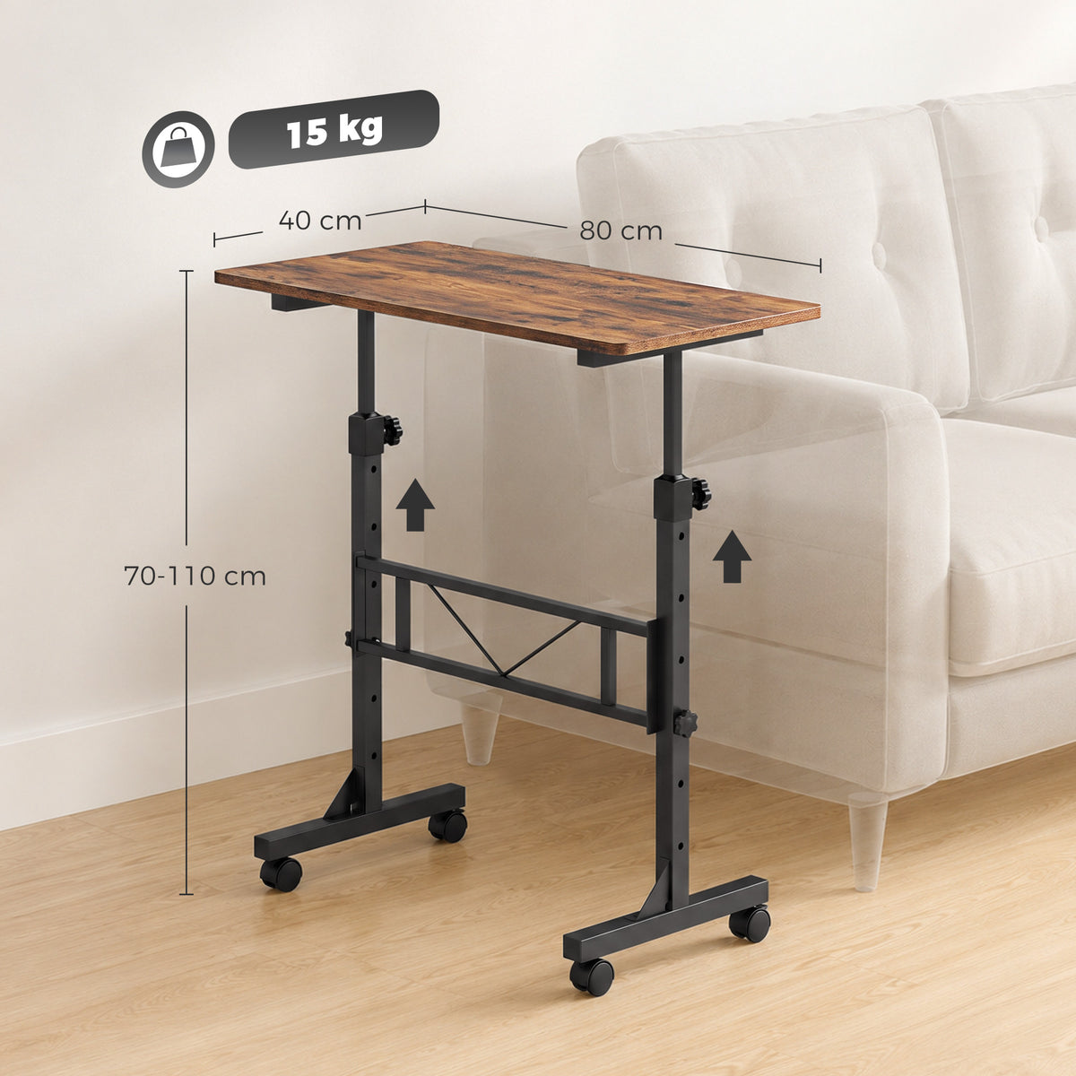 Adjustable overbed table with brown wood tabletop, black height supports, and wheels