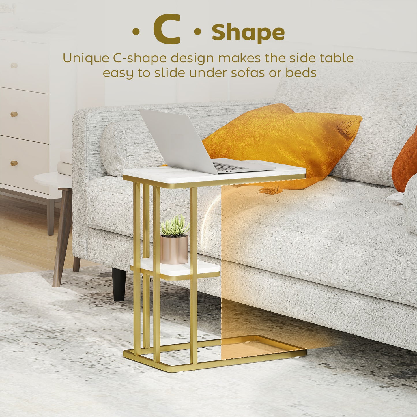 HOMCOM C Shaped Side Table 2 Tier End Table Nightstand for Small Spaces Living Room Bedroom White Marble