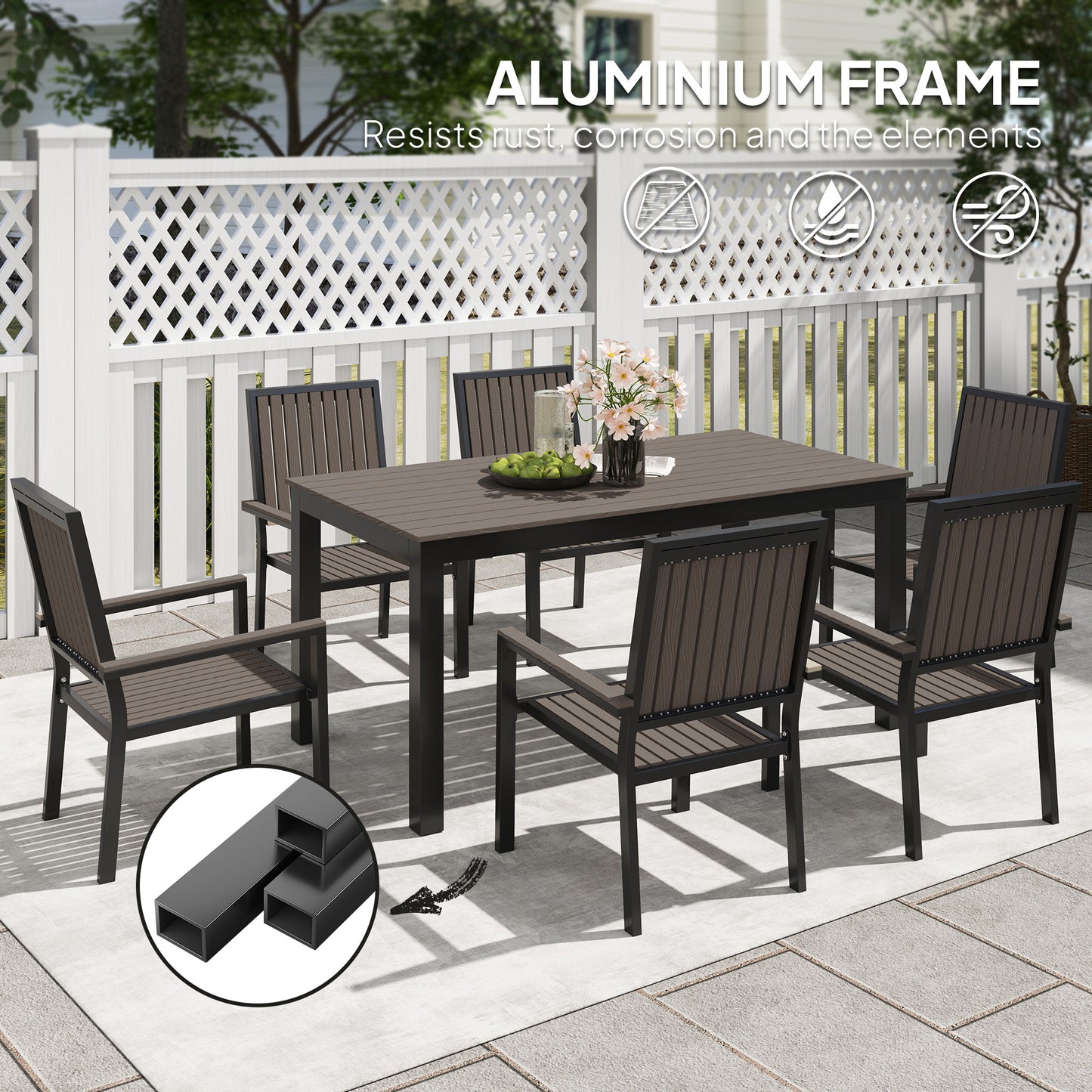Outsunny 6 Seater Outdoor Garden Dining Set With Stackable Chairs Aluminium Frame Rectangular Plastic Top Brown