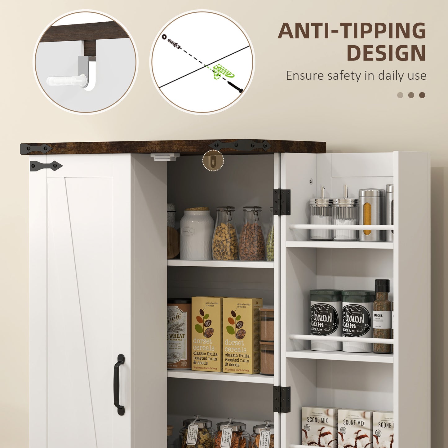 HOMCOM Multi Storage Farmhouse Style Kitchen Cabinet White With Adjustable Shelves For Pantry And Kitchen Organization
