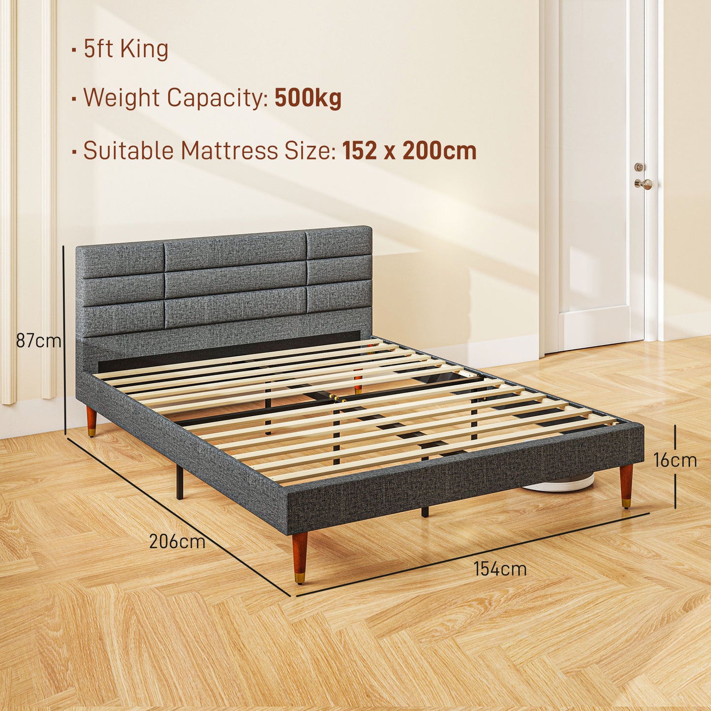 HOMCOM Elegant Grey Upholstered King Size Bed Frame with Wooden Slats - ALL4U RETAILER LTD