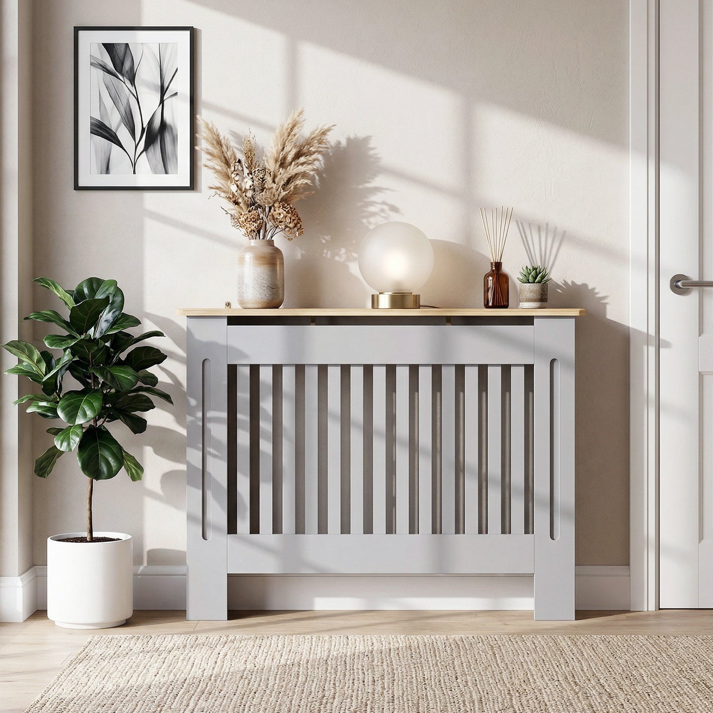 HOMCOM Slatted Radiator Cover Cabinet With Line Grill Design Grey 112 L 19 W 81 H Cm