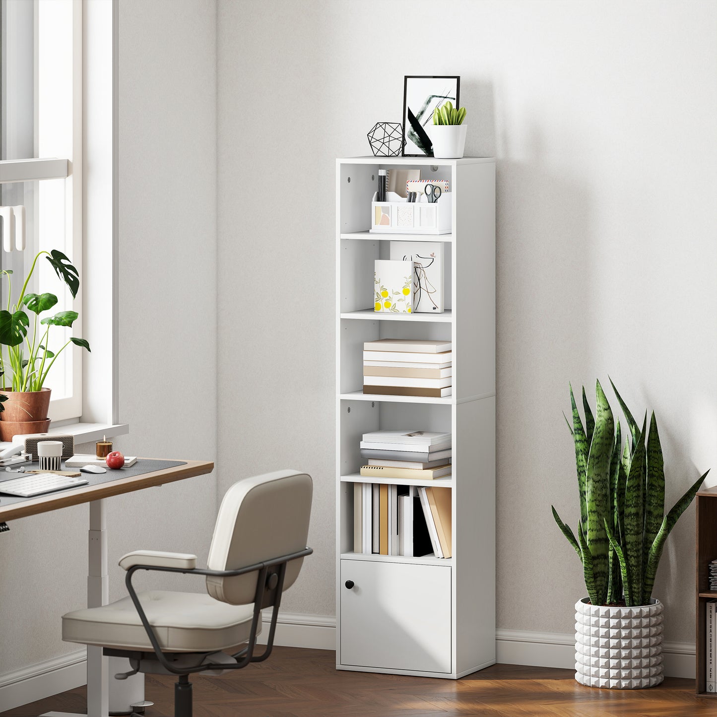 HOMCOM 6 Tier 156 cm Tall White Bookcase with Adjustable Shelves for Small Spaces