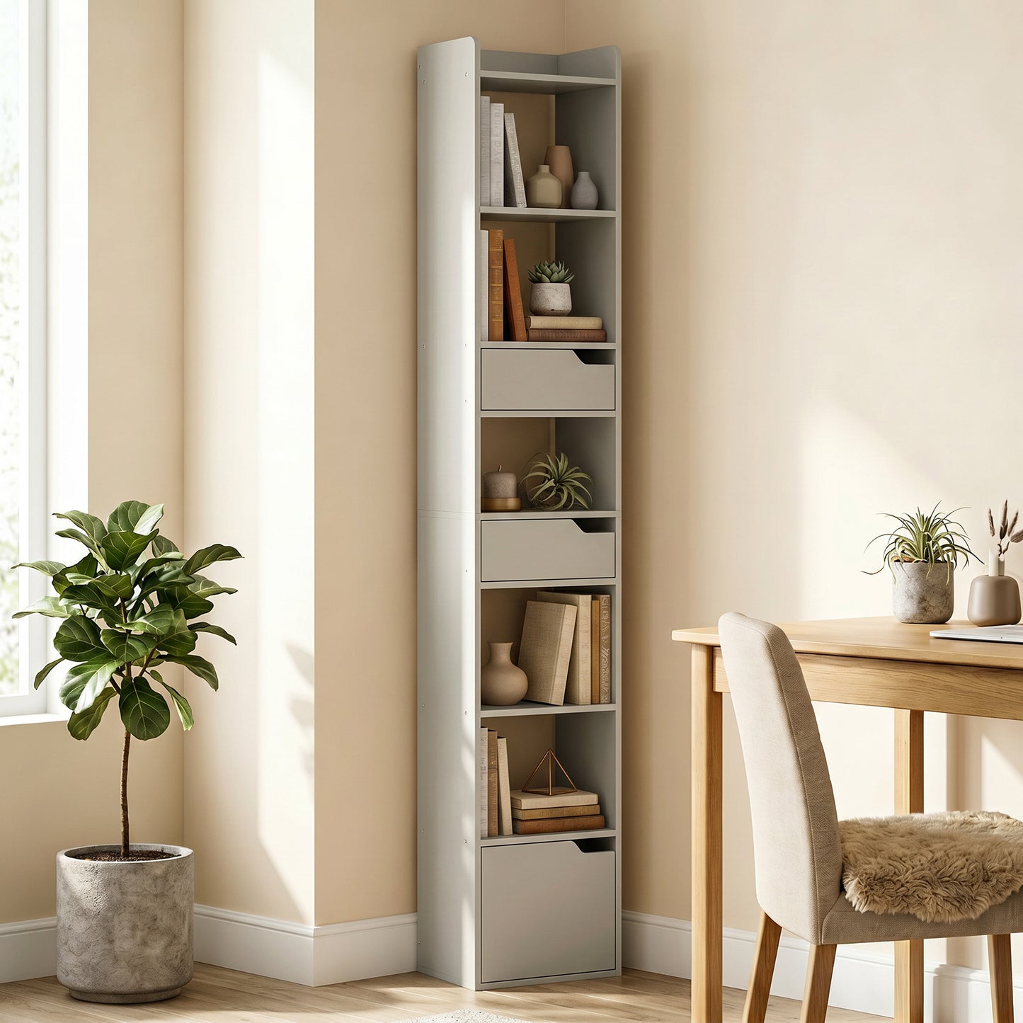 HOMCOM Tall Narrow Bookcase With 5 Tiers And Drawers Freestanding Storage Cabinet For Living Room Grey