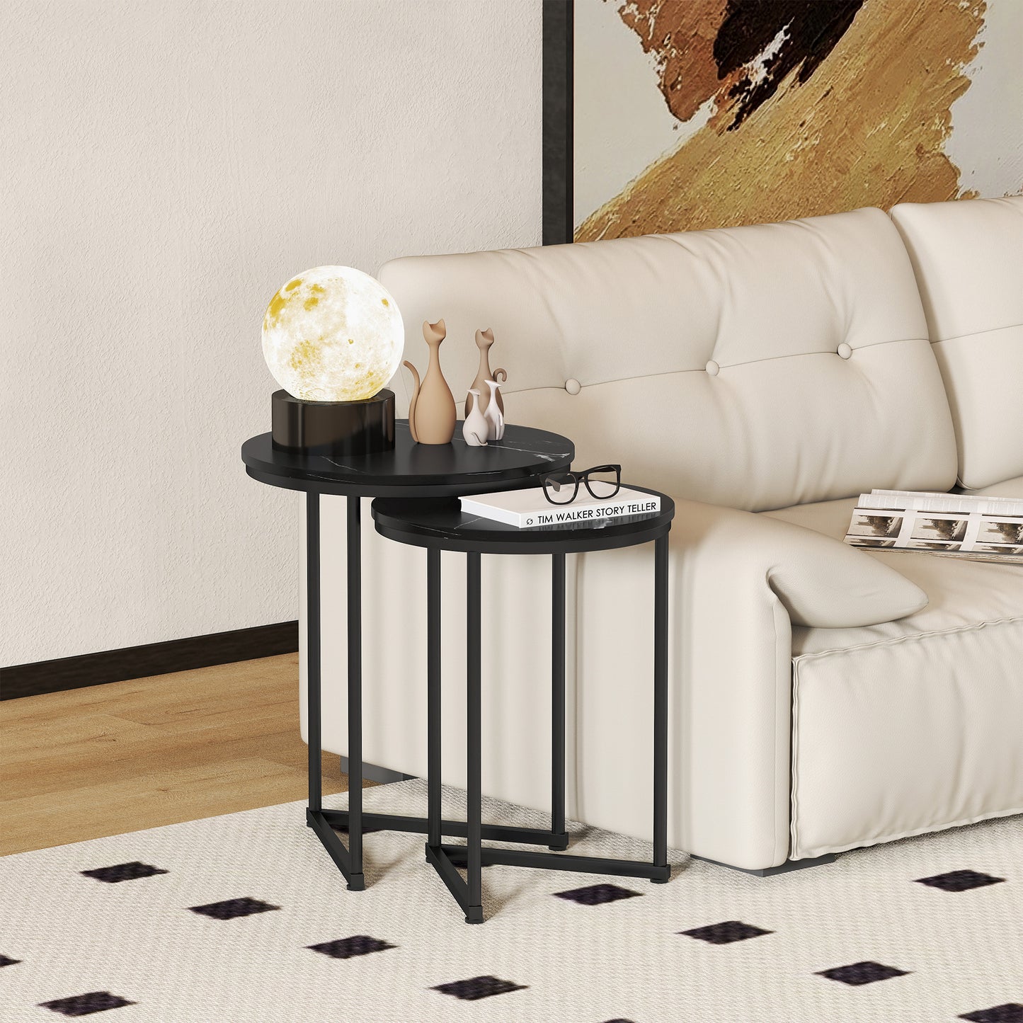HOMCOM Set Of Two Marble Effect Nest Of Tables With Small And Large Tables Black Frame For Lounge Hallway