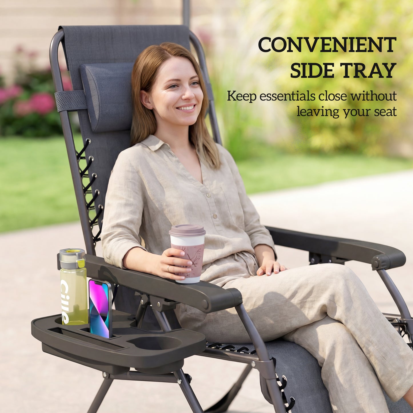 Outsunny Zero Gravity Chairs Set Of 2 Folding Sunloungers Reclining Garden Chairs With Cup Holder And Headrest Dark Grey