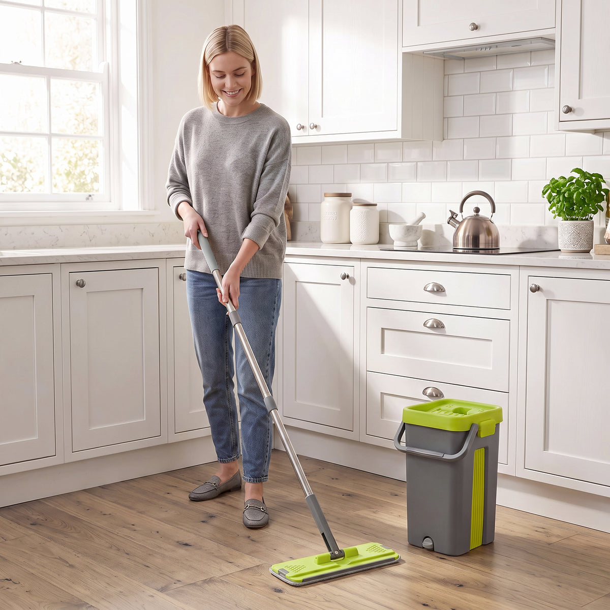 Flat mop and wringer bucket set being used on kitchen hardwood floor