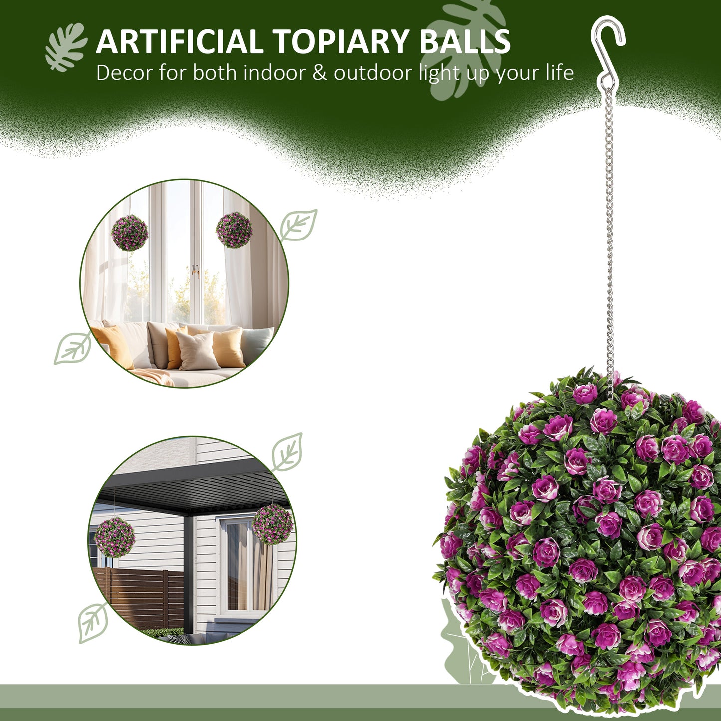 HOMCOM Set of 2 Decorative Artificial Plants UV Protected Topiary Rose Balls 28cm Purple Indoor Outdoor Decor