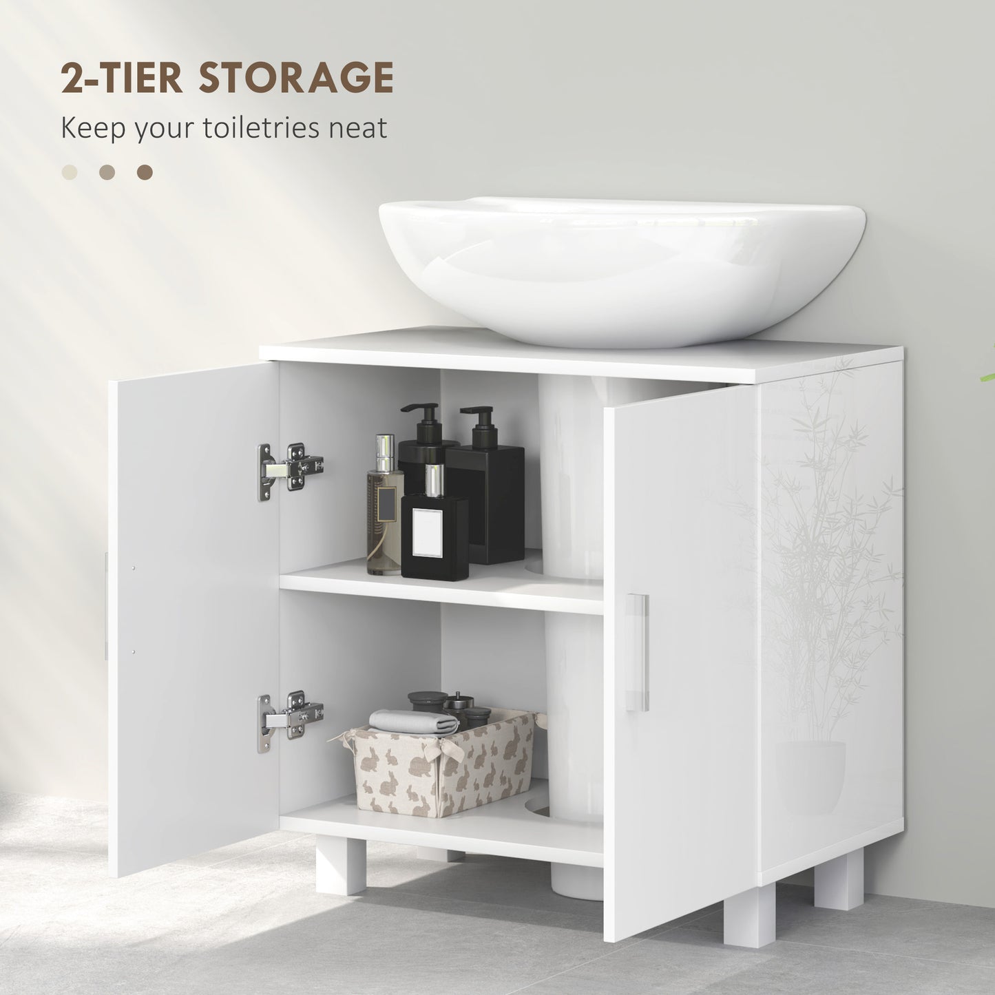 HOMCOM Under Sink Cabinet For Bathroom Basin Or Pedestal High Gloss White With Middle Shelf