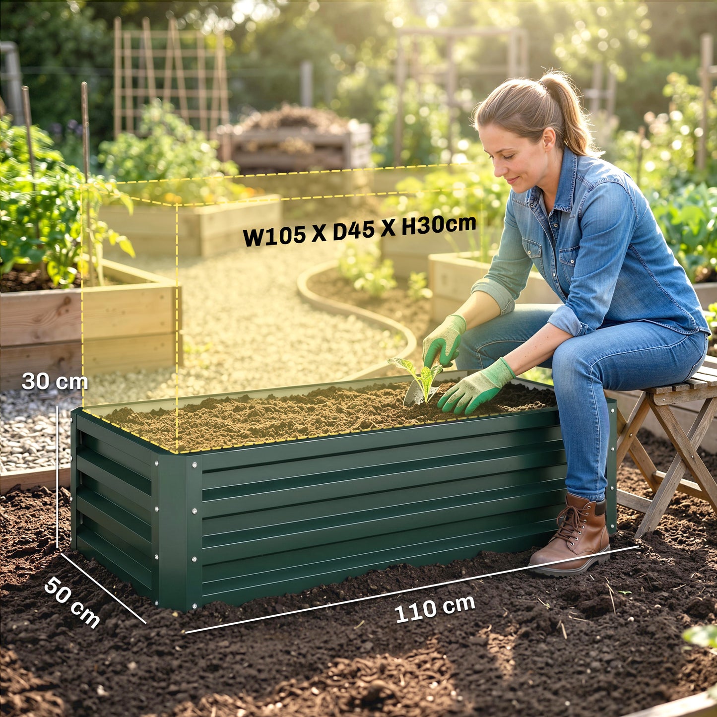 Outsunny Set Of Two 110 x 65cm Steel Planter Boxes Green Raised Garden Planters