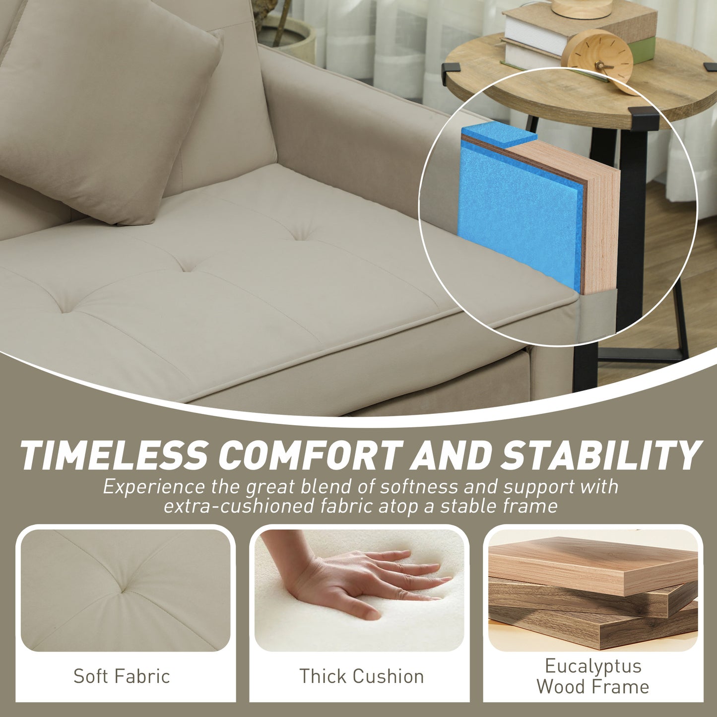 HOMCOM Velvet Feel Three Seater Sofa Bed With Click Clack Function And Wheels Beige