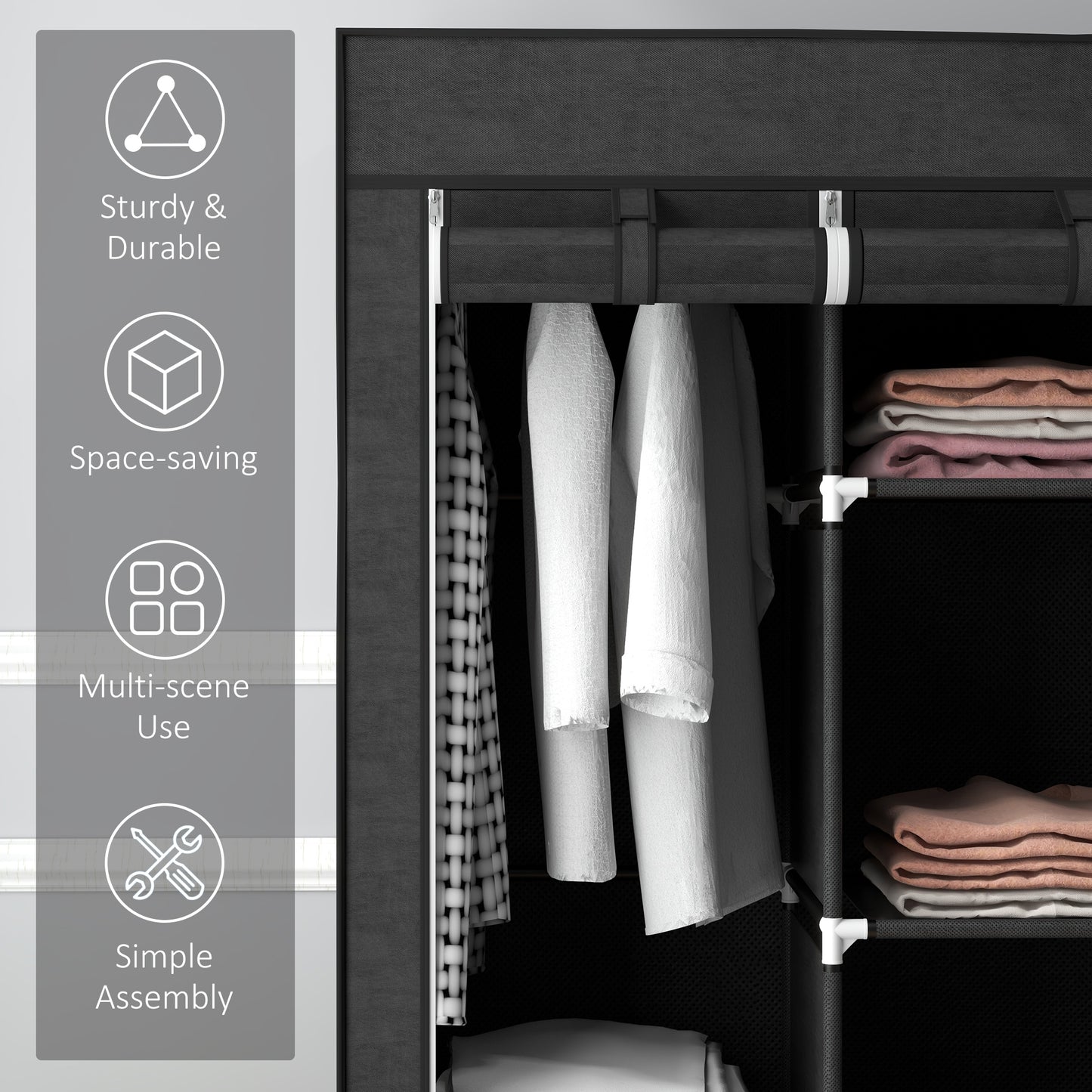 HOMCOM Fabric Wardrobe With Rails And Shelves In Black, Dustproof Fabric Closet Organizer With Roll Up Door