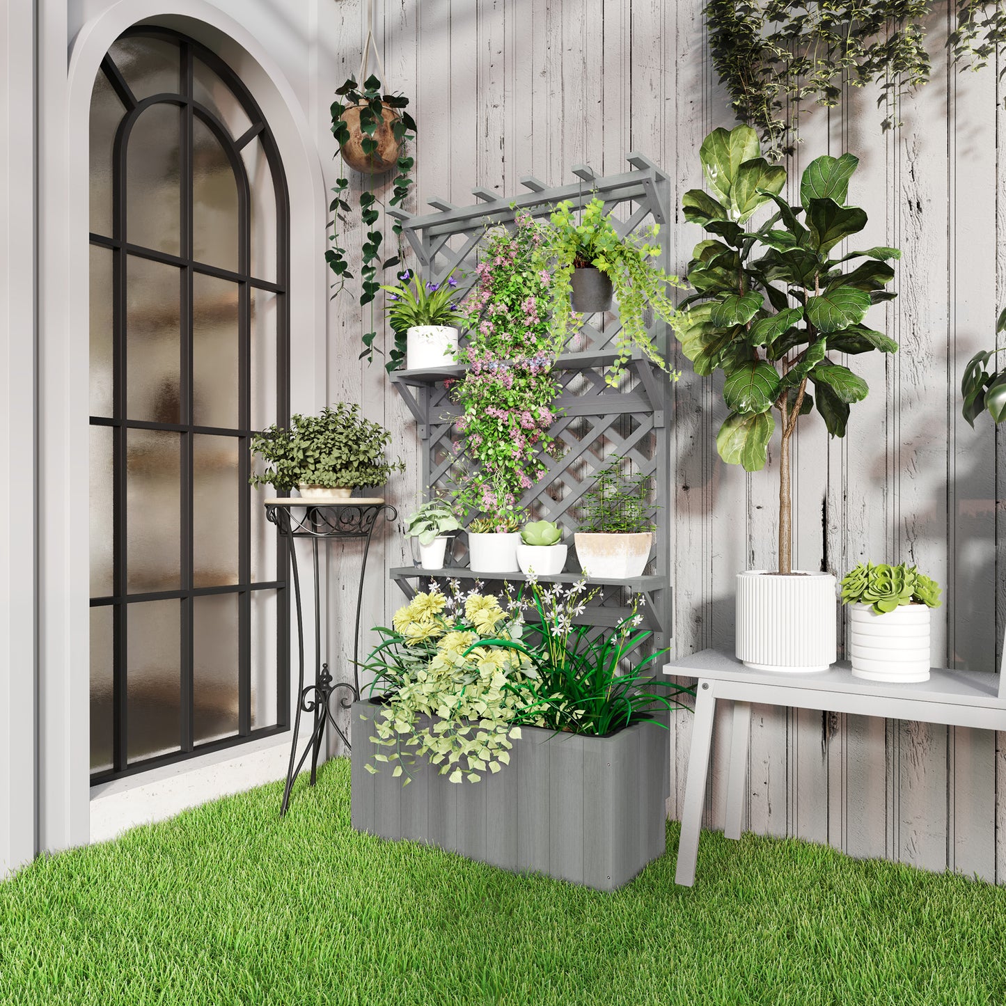 Outsunny 52L Fir Wood Planter With Trellis And Shelves Grey For Outdoor Use All Year